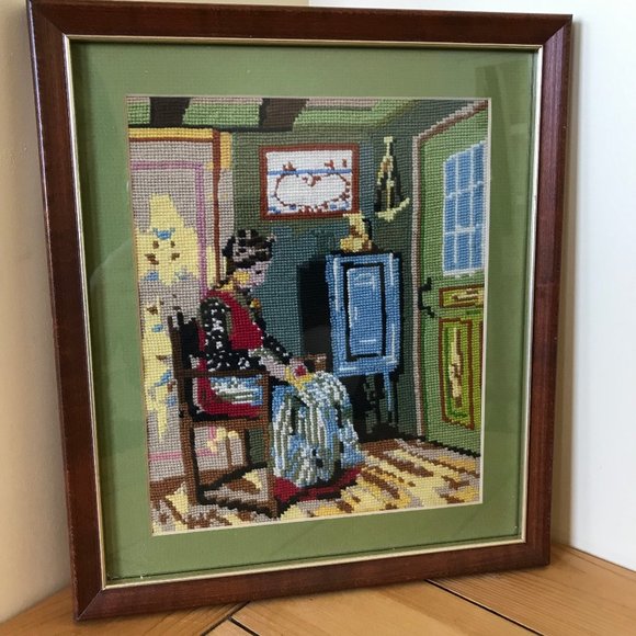 Vintage Woman at Home Completed Needlepoint Tapestry Framed Picture 1974 - Picture 1 of 5